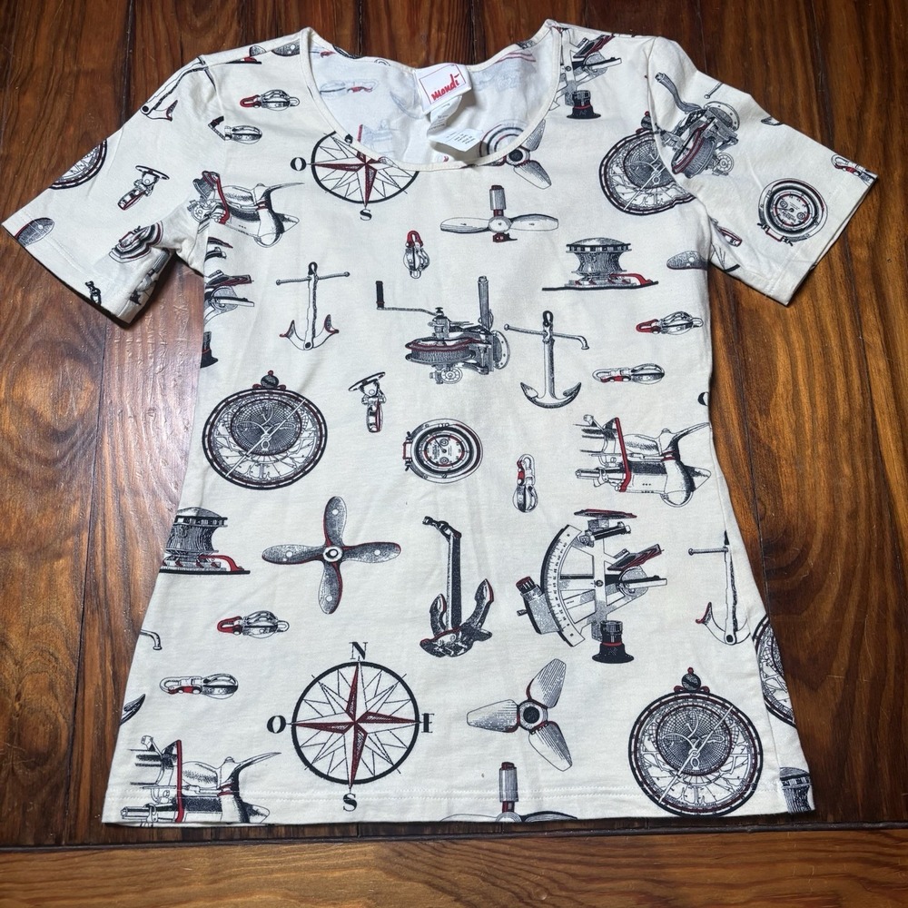 Vtg Mondi Nautical Maritime Allover Print T-Shirt Anchor Compass Sz S A1714